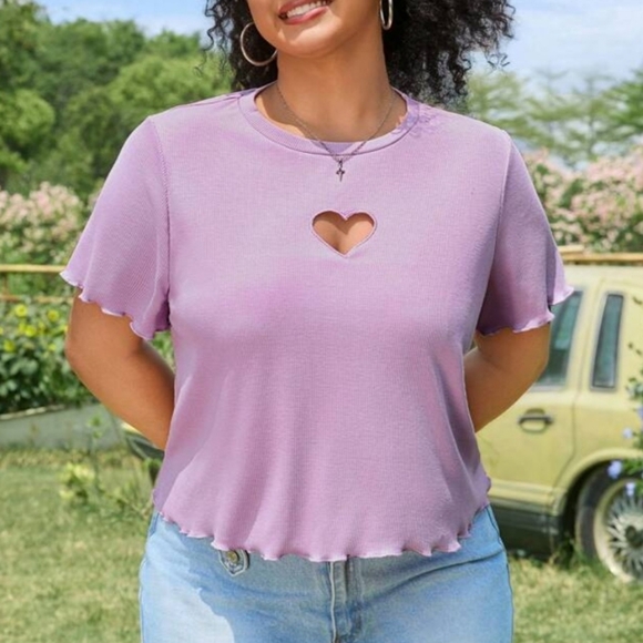 Shein Curve Purple Heart Cut Out Tee - Picture 2 of 6